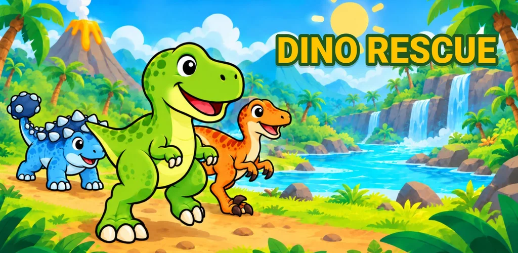 Dino Rescue: a T-Rex, a Velociraptor and an Ankylosaurus on a sunny island
