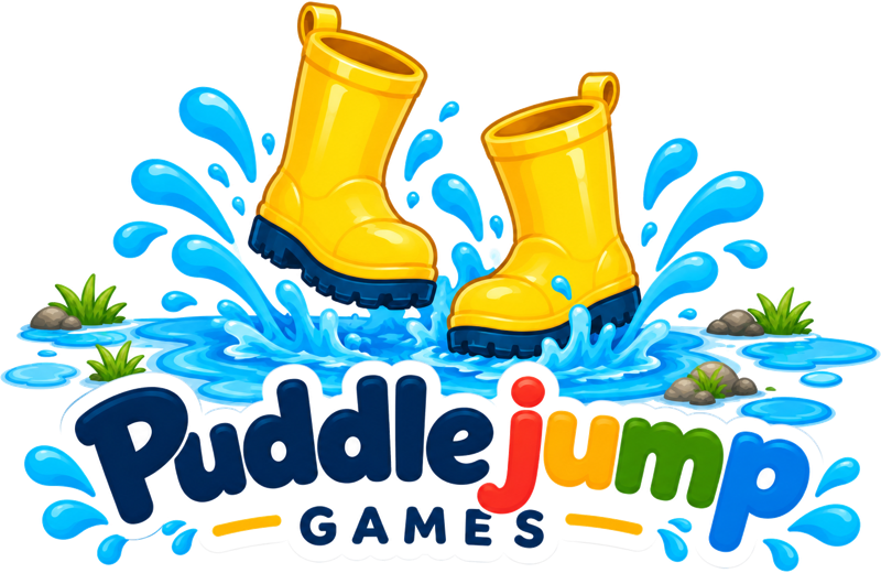 Puddlejump Games logo: a pair of yellow wellies splashing in a puddle